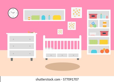 Baby room with furniture and window. Nursery and playroom interior. Flat style vector illustration.