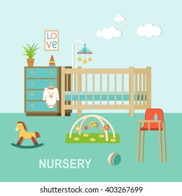 Baby Room With Furniture.Nursery Interior.Flat Style Vector Illustration