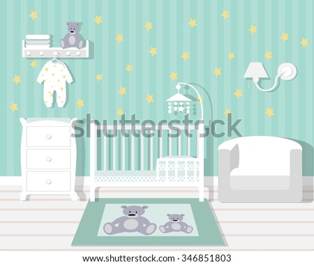 Baby room with furniture/Nursery interior/Flat style vector illustration/wall/Baby room/Nursery room/Baby room in Flat style