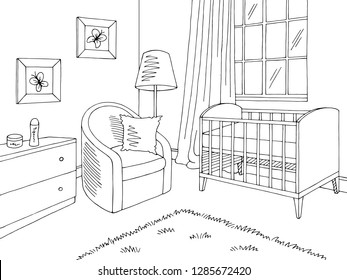 Baby room graphic black white home interior sketch illustration vector