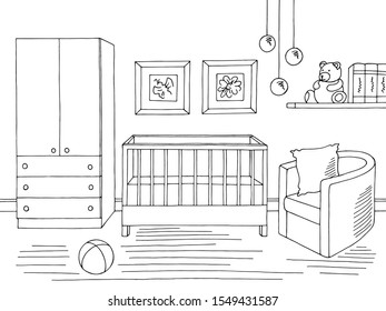 Baby room graphic black white interior sketch illustration vector