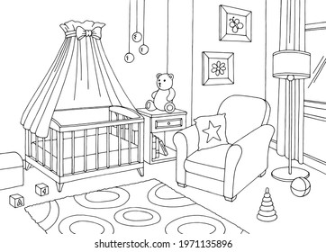 Baby Room Graphic Black White Interior Sketch Illustration Vector 