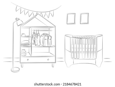 Baby room graphic black white interior sketch illustration vector