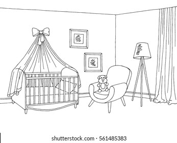 Baby Room Graphic Black White Interior Sketch Illustration Vector