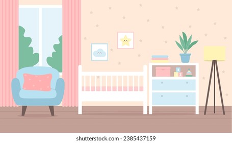 Baby room interior. Bedroom  with cot bed, furniture,  lamp and curtains on window. Vector illustration.