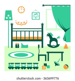 Baby room interior. Children's apartment in green color. Room with a cradle, carpet, curtain, table, chair and toys. Modern nursery and playroom design. Flat style cartoon vector illustration.