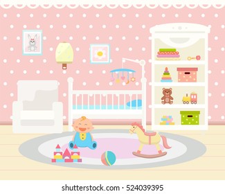 Baby room interior. Flat design. Baby room with  shelf,  toys, cot, armchair, chair and rug
Children's room.