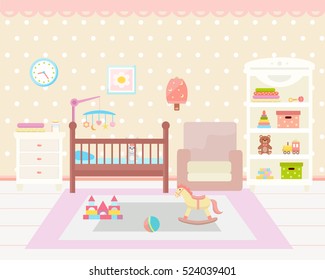 Baby room interior. Flat design. Baby room with  shelf, toys, baby cot, armchair, bedside  table, chair and rug. Children's room.