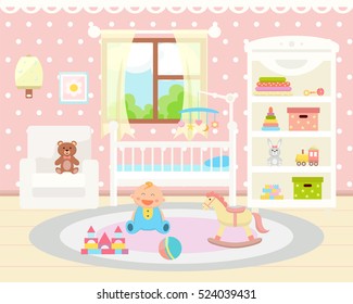 Baby room interior. Flat design. Baby room with a window, shelf,  toys, cot, armchair, table, chair and rug. Children's room.