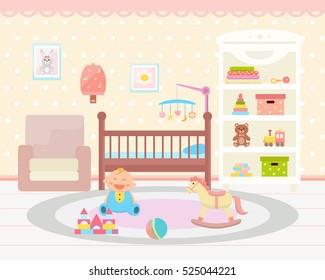 Baby room interior. Flat design. Baby room with  shelf,  toys, cot, armchair, chair and rug. Children's room.