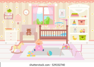 Baby room interior. Flat design. Baby room with a window, shelf,  toys, cot, bedside  table,  armchair, table, chair and rug.Children's room.