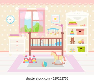 Baby room interior. Flat design. Baby room with a window, shelf,  toys, cot, bedside  table,  armchair, table, chair and rug. Children's room.