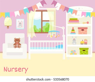 Baby room interior. Flat design. Newborn baby room with  shelf, toys, baby cot, armchair, bedside  table, chair and rug. Nursery room