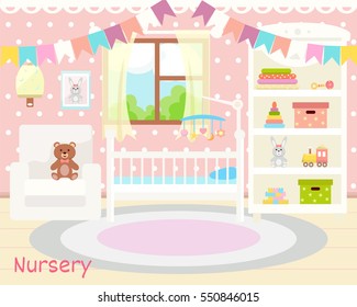 Baby room interior. Flat design. Newborn baby room with  shelf, toys, baby cot, armchair, bedside  table, chair and rug. Nursery 