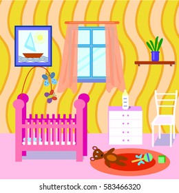 Baby room interior. Flat design. Colorful baby room with many object and toys.