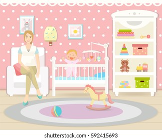 Baby room interior. Flat design. Baby room with a window, shelf,  toys, cot, bedside  table,  armchair, table, chair and rug. Baby girl and mother sitting on the armchair. Children's room.