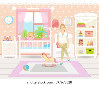 Baby room interior. Flat design. Baby room with a window, shelf,  toys, cot, bedside  table,  armchair, table, chair and rug. Baby and mother sitting on the armchair. Children's room.