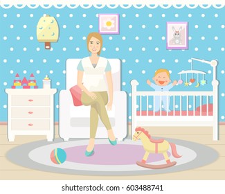 Baby room interior. Flat design. Baby room with a window, shelf,  toys, cot, bedside  table,  armchair, table, chair and rug. Baby boy and mother sitting on the armchair