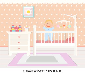 Baby room interior. Flat design. Baby room with a window, shelf,  toys, cot, bedside  table,  armchair, table, chair and rug. 