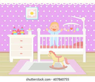 Baby room interior. Flat design. Baby standing in crib.Children's room.