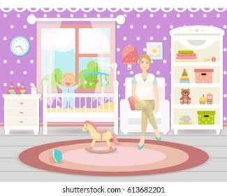 Baby room interior. Flat design. Baby room with a window, shelf,  toys, cot, bedside  table,  armchair, table, chair and rug. Baby and mother sitting on the armchair. Children's room.