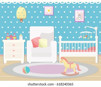 Baby room interior. Flat design. Baby room with   toys, cot, bedside  table,  armchair, chair and rug.