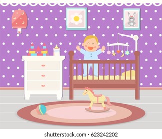 Baby room interior. Flat design. Baby standing in crib. Children's room.