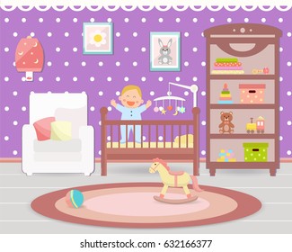 Baby room interior. Flat design. Baby room with a  shelf,  toys, cot  armchair,  chair and rug.
