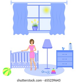 Baby room interior. Flat design. Newborn baby room with window, toys, cot, dedside table