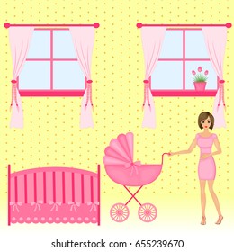 Baby room interior. Flat design. Newborn baby room with window, toys, cot, dedside table