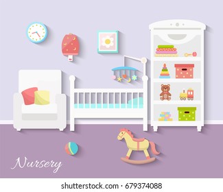 Baby room interior. Flat design. Newborn baby room with  shelf, 