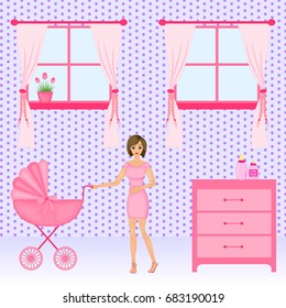Baby room interior. Flat design. Newborn baby room with window, toys, cot, dedside table