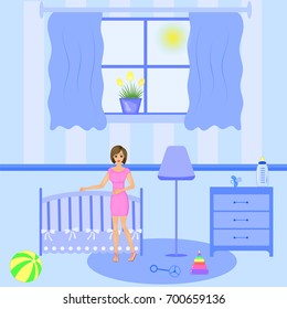 Baby room interior. Flat design. Newborn baby room with window, toys, cot, dedside table