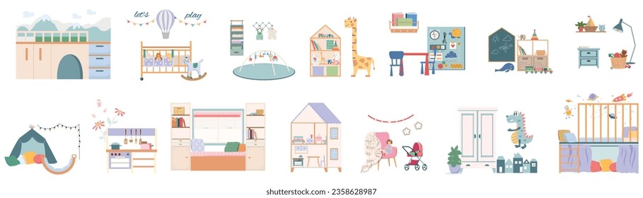 Baby room interior set with toys and bed flat isolated vector illustration