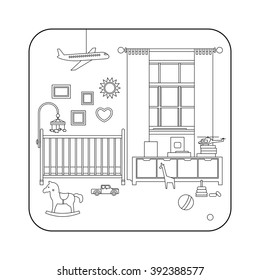 Baby room interior. Vector line illustration of nursery with furniture and toys.