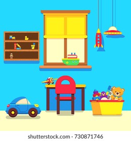 Baby room interior with window, work place and toys collection. Interior baby room with furniture and toys, vector illustration