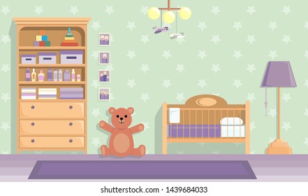 baby room in lilac . Vector image in flat design style. Paper space with place for text