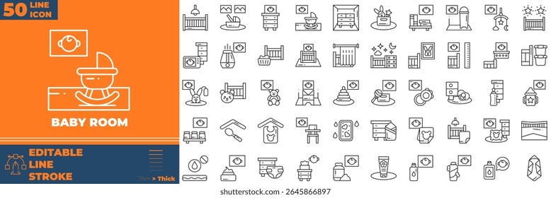 Baby Room Line Editable Icons set. Vector illustration in modern thin line style of baby room icons: bed, furniture, carpet, floor lamp, etc