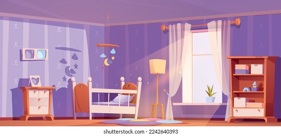 Baby room, nursery bedroom with cot bed, furniture, carpet, floor lamp and curtains on window. Empty child room interior with cradle and baby toys mobile, vector cartoon illustration