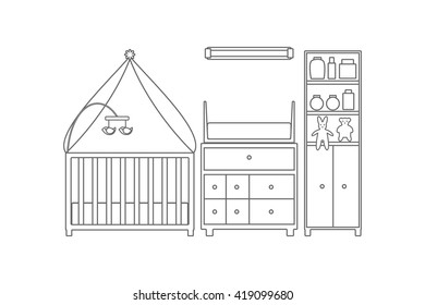 Baby room. Nursery interior. Vector line illustration.