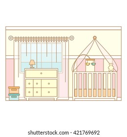 Baby room. Nursery interior. Vector line illustration.