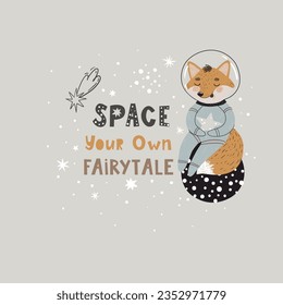 Baby room poster with cute fox astronaut and hand drawn lettering