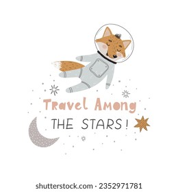 Baby room poster with cute fox astronaut and hand drawn lettering