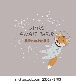 Baby room poster with cute fox astronaut and hand drawn lettering