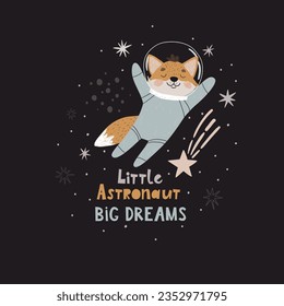 Baby room poster with cute fox astronaut and hand drawn lettering