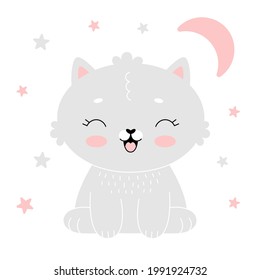 Baby room poster with cute gray kitten with pink moon. Simple vector illustration isolated on white background