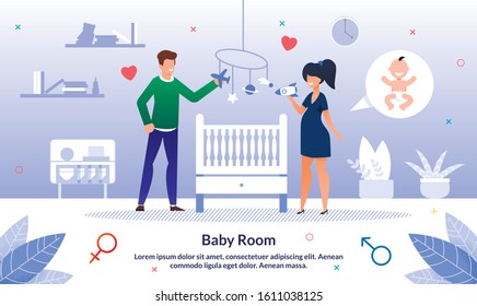 Baby Room Preparing and Decoration During Pregnancy Trendy Flat Vector Banner, Poster Template. Pregnant Woman, Wife with Husband Decorating Room for Child, Parents Waiting Childbirth Illustration