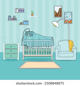 Baby room set, bed, shelves, drawing table, chairs, toys, Interior vector background set