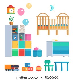 Baby room set with furniture and toys, balloons, clock and lamp. Vector illustration in trendy design isolated on white background for publications and promotional materials