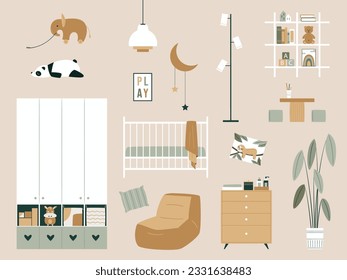 Baby room set with wardrobe, cot, shelves, table for drawing and chairs, toys etc. Nursery elements in Japandi or Scandinavian Style. Vector Interior background collection